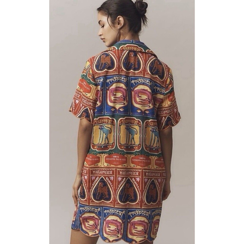 Farm Rio Anthropologie Shirt Dress Mini Scalloped Linen Vacay Preppy Size XS NWT - Picture 5 of 12